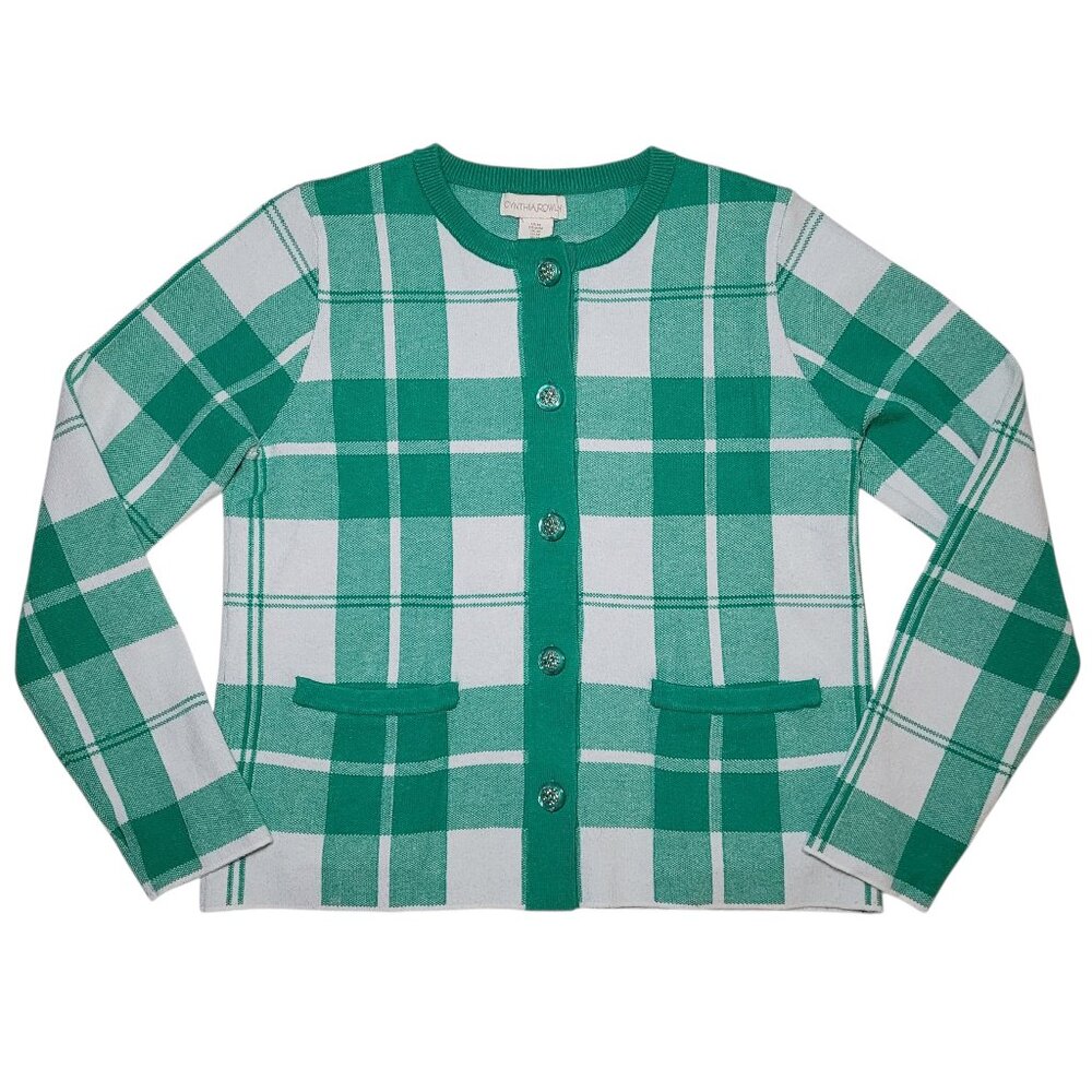 Cynthia Rowley Plaid Button Front Cardigan Sweater Green White Medium Preppy